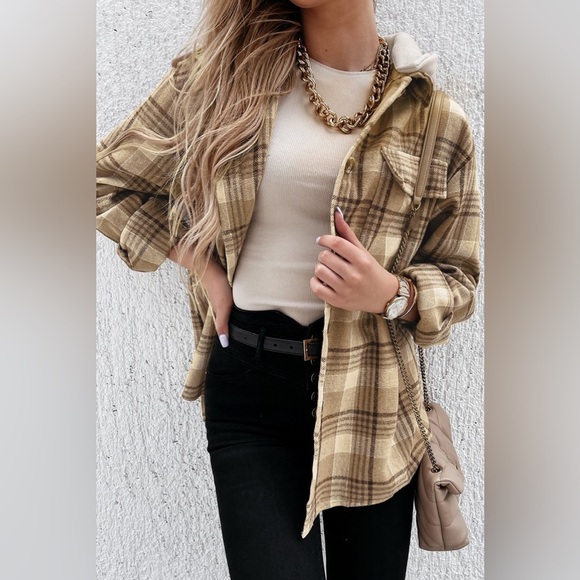 Plaid Button Up Hooded Jacket with Pockets - Picture 1 of 4